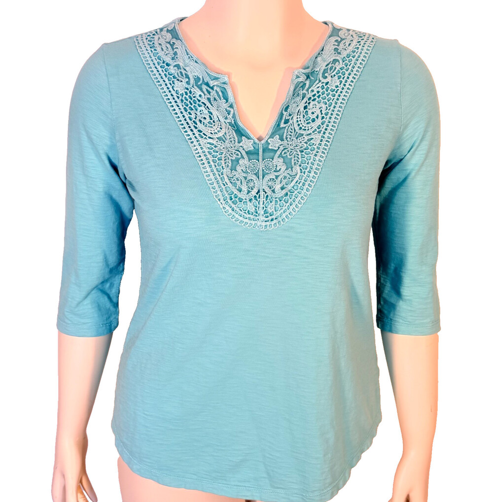 Coldwater Creek Knit Top Shirt Womens M (10-12) Caribbean Blue Crochet V-Neck